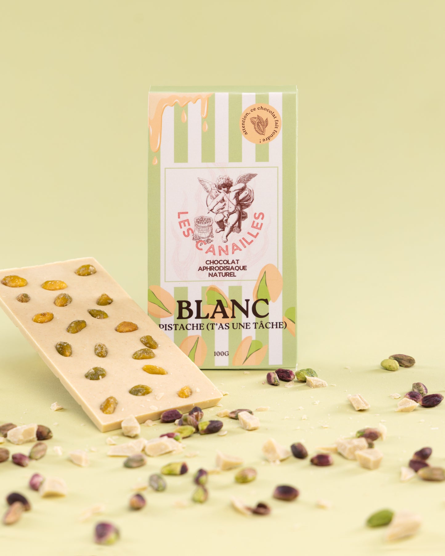Tablette chocolat aphrodisiaque • Blanc, Pistache • 100g