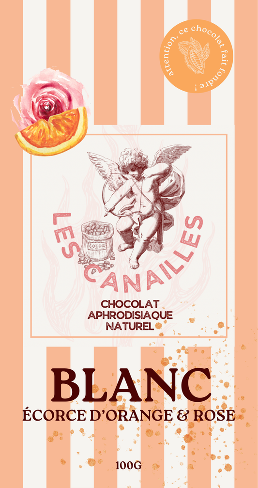 Tablette chocolat aphrodisiaque • Blanc, écorce d'Orange et Rose • 100g