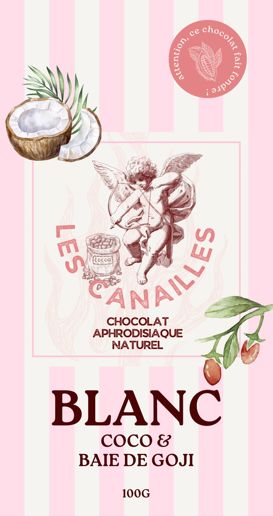Tablette chocolat aphrodisiaque • Blanc, Noix de coco et baie de Goji • 100g