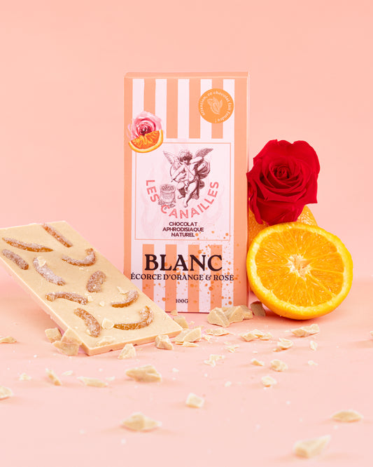 Tablette chocolat aphrodisiaque • Blanc, écorce d'Orange et Rose • 100g