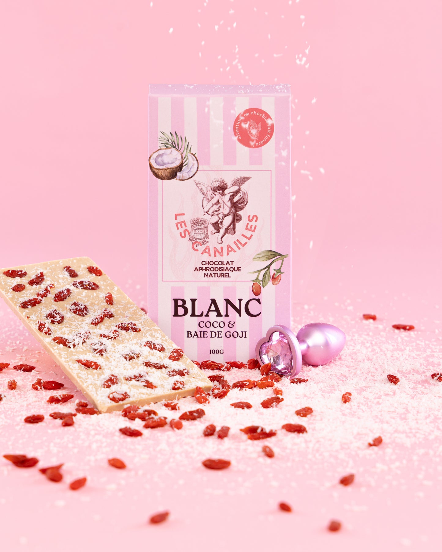 Tablette chocolat aphrodisiaque • Blanc, Noix de coco et baie de Goji • 100g