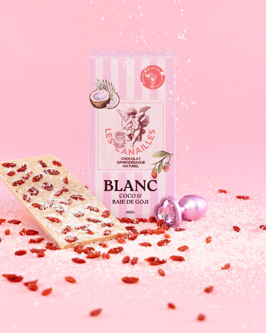 Tablette chocolat aphrodisiaque • Blanc, Noix de coco et baie de Goji • 100g