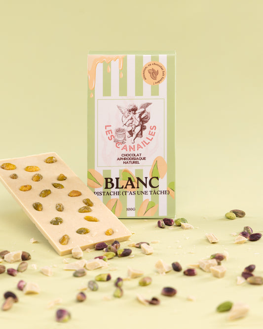 Tablette chocolat aphrodisiaque • Blanc, Pistache • 100g