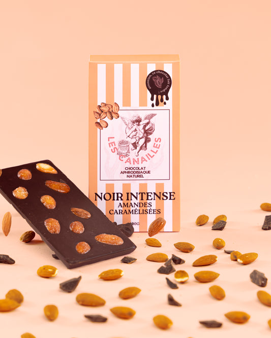 Tablette chocolat aphrodisiaque • Noir, Amandes caramélisées • 100g